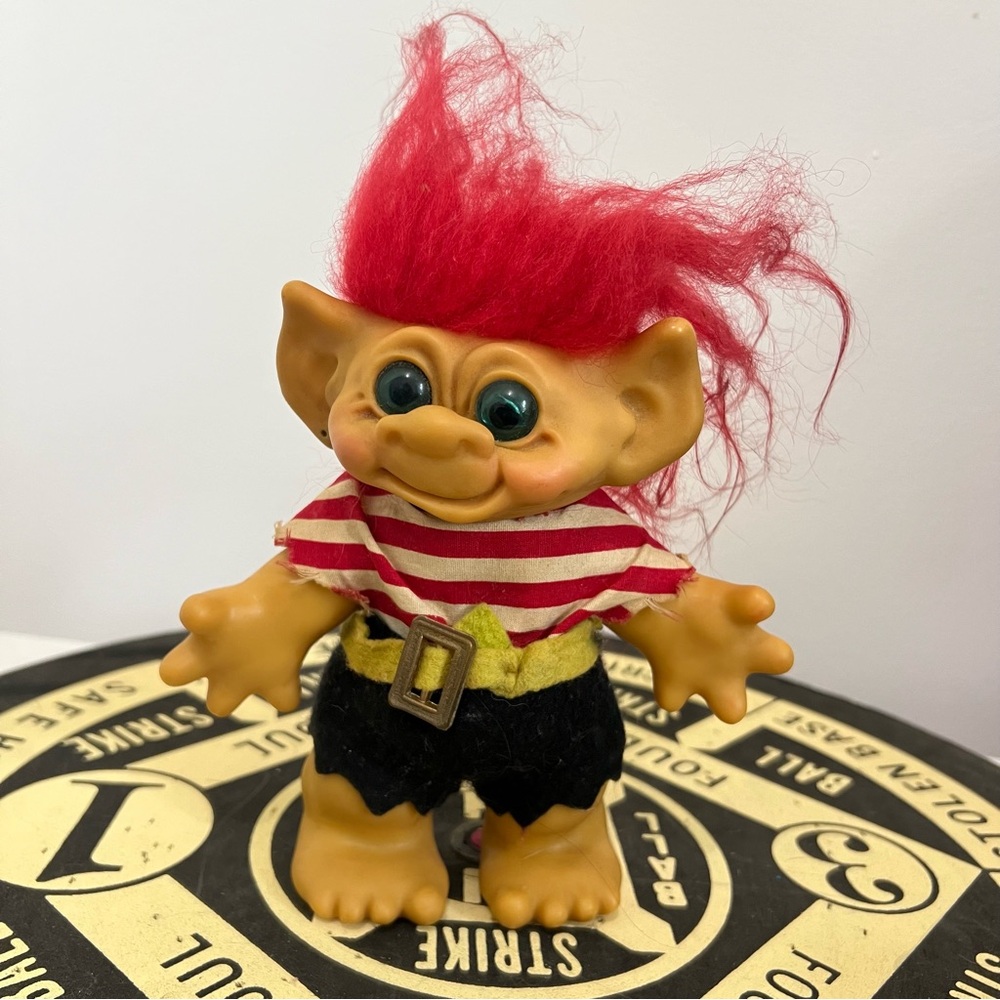 Vintage Thomas Dam Troll Piggy Bank Pirate Red Mohair Blue Eyes Collectible